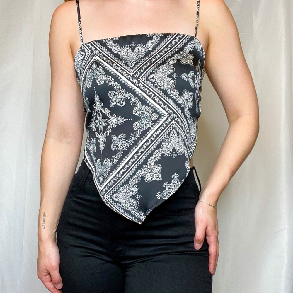 Free Spirit Satin Bandana Print Tie Back Scarf Top